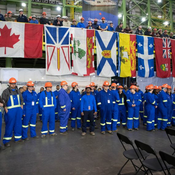 Members of the Royal Canadian Navy, government officials and the workforce at Halifax Shipyard gather to celebrate the official start of construction on AOPS 4, the future HMCS William Hall.